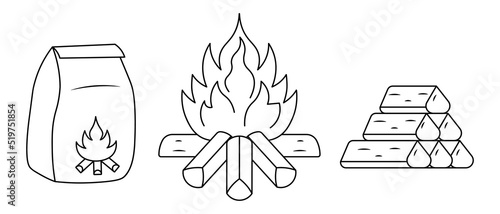 Coal for a fire in a paper bag, a fire and firewood. Sketch. Material for ignition of a brazier. Set of vector illustrations. Coloring book. Isolated background. A hot flame 