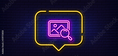 Neon light speech bubble. Search photo line icon. Find image or picture sign. Neon light background. Search photo glow line. Brick wall banner. Vector