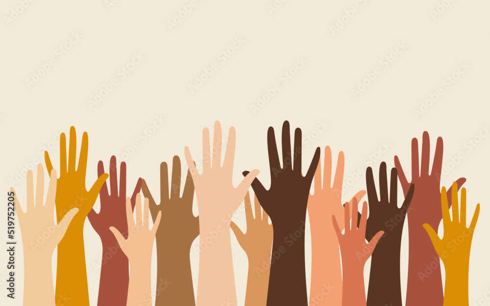 Hands of people with different skin colors, different nationalities and religions. Activists, feminists and other communities fight for equality. Horizontal background with copy space. Vector.