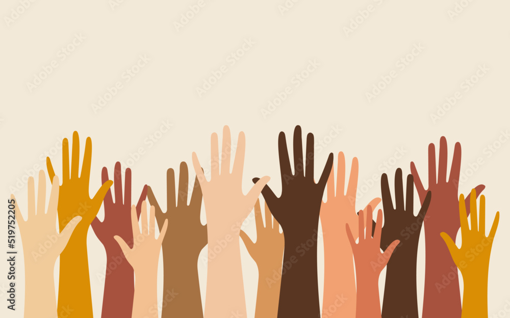 Hands of people with different skin colors, different nationalities and religions. Activists, feminists and other communities fight for equality. Horizontal background with copy space. Vector. Hands of people with different skin colors, different nationalities and religions. Activists, feminists and other communities fight for equality. Horizontal background with copy space. Vector.