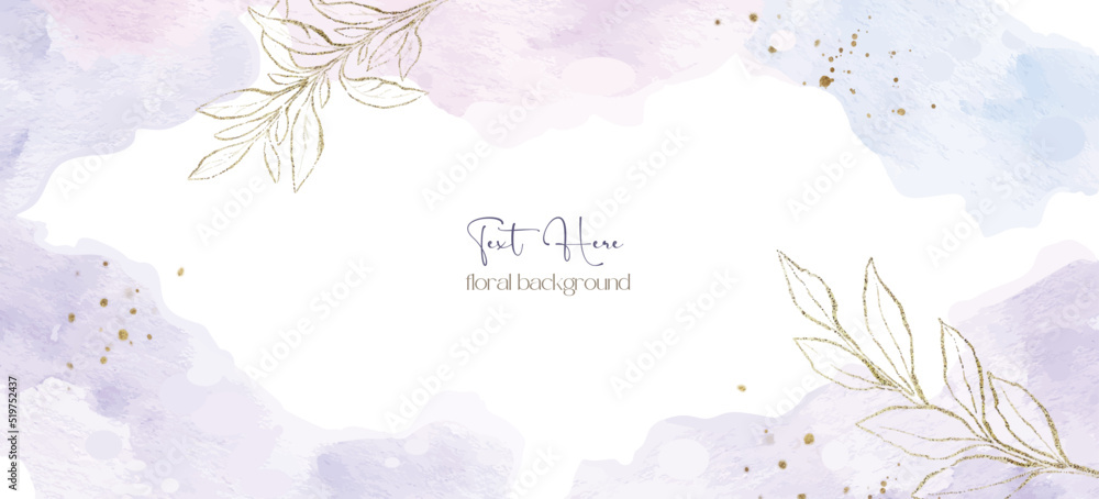 Watercolor vector background of abstract art with golden branches in pastel lilac tones.