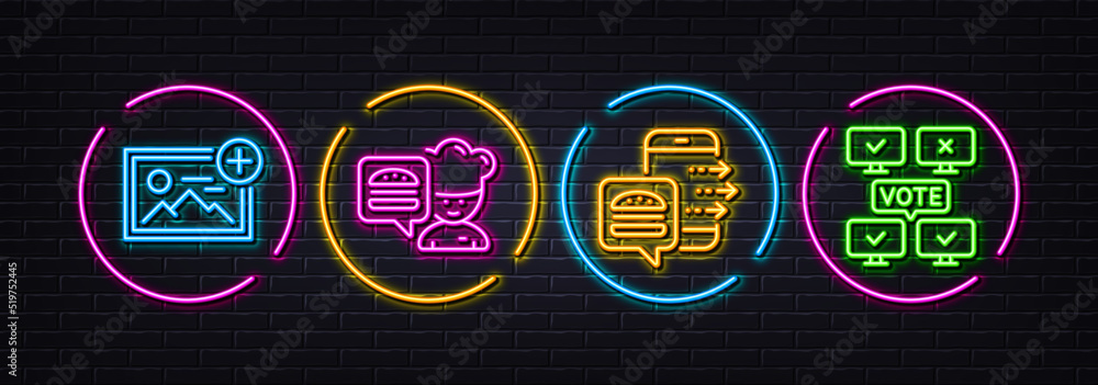Chef, Food order and Add photo minimal line icons. Neon laser 3d lights. Online voting icons. For web, application, printing. Burger, Food delivery, Image. Web campaign. Neon lights buttons. Vector