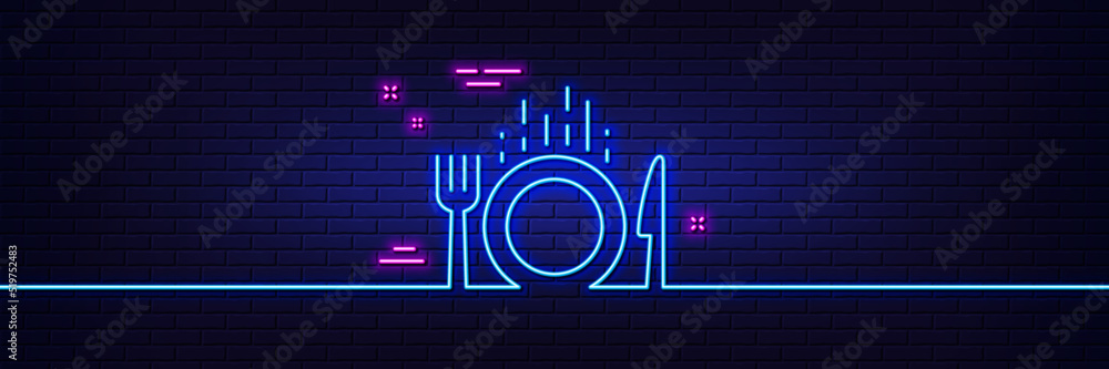 Neon light glow effect. Food line icon. Cutlery sign. Fork, knife symbol. 3d line neon glow icon. Brick wall banner. Food outline. Vector Neon light glow effect. Food line icon. Cutlery sign. Fork, knife symbol. 3d line neon glow icon. Brick wall banner. Food outline. Vector