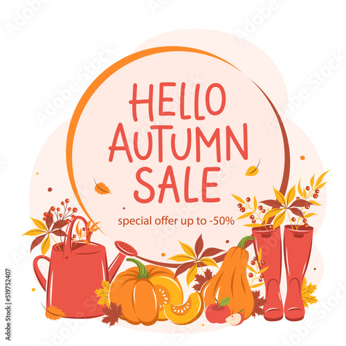 Hello autumn sale. Design banner with with pumpkin, wellies boots, watering can and autumn leaves. Vector illustration for sale or promotional poster, template offer of discounts deals.