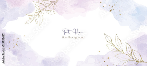Watercolor vector background of abstract art with golden branches in pastel lilac tones.