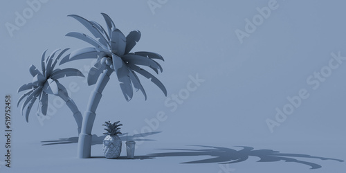 Summer concept with pineapple with sunglasses and soda with straw under tropical palm trees. Copy space. 3D illustration.