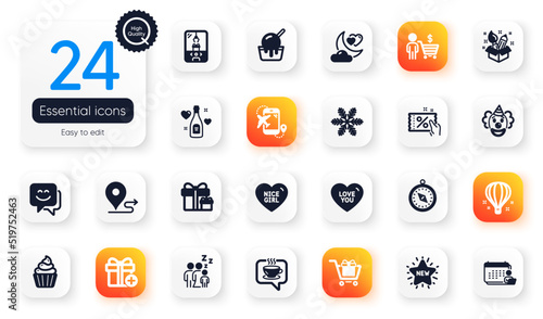 Set of Holidays flat icons. Coffee, Cupcake and Nice girl elements for web application. Love champagne, Crane claw machine, Buyer icons. Surprise package, Creativity, Clown elements. Vector