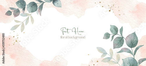Watercolor vector background with eucalyptus branches, pink spots and gold fl...