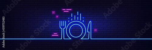 Neon light glow effect. Food line icon. Cutlery sign. Fork, knife symbol. 3d line neon glow icon. Brick wall banner. Food outline. Vector