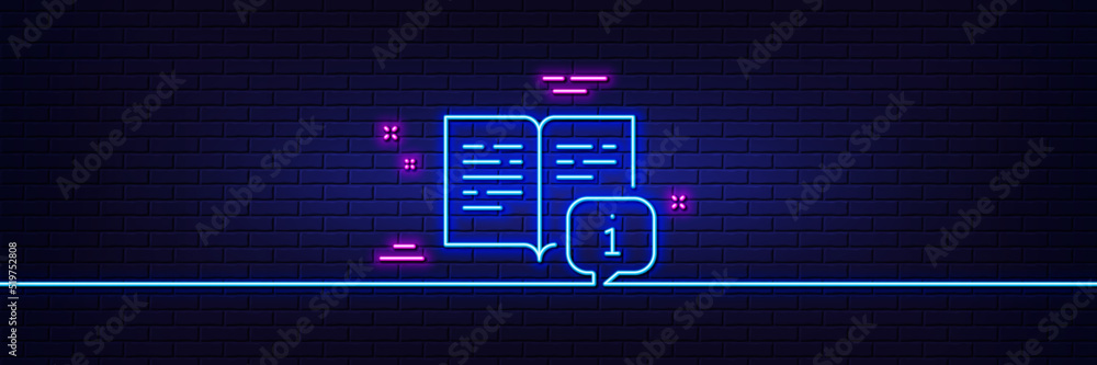 Neon light glow effect. Instruction line icon. User manual sign. Information book symbol. 3d line neon glow icon. Brick wall banner. Manual outline. Vector