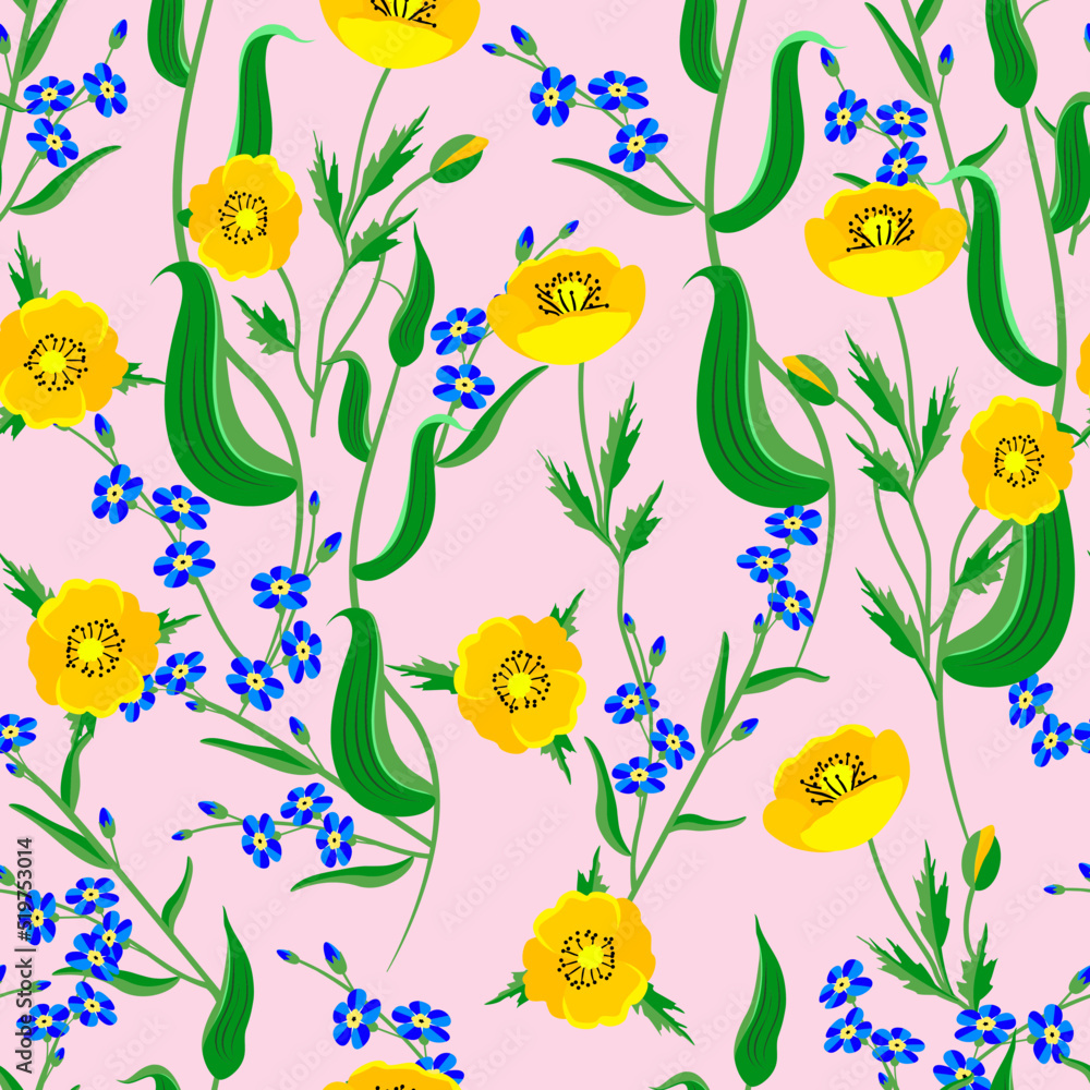 Vector - tulips and forget me mot seamless pattern.