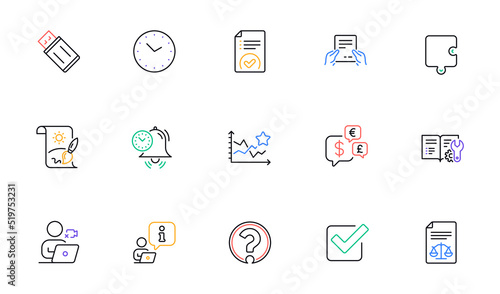 Usb flash, Money currency and Legal documents line icons for website, printing. Collection of Video conference, Engineering documentation, Ranking stars icons. Approved document. Vector