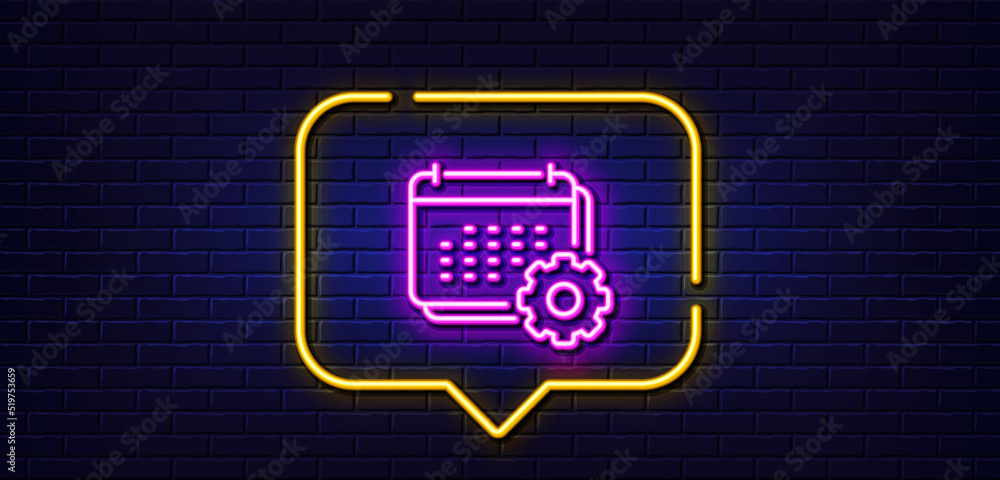 Neon light speech bubble. Calendar line icon. Annual planner sign. Event schedule symbol. Neon light background. Calendar glow line. Brick wall banner. Vector Neon light speech bubble. Calendar line icon. Annual planner sign. Event schedule symbol. Neon light background. Calendar glow line. Brick wall banner. Vector