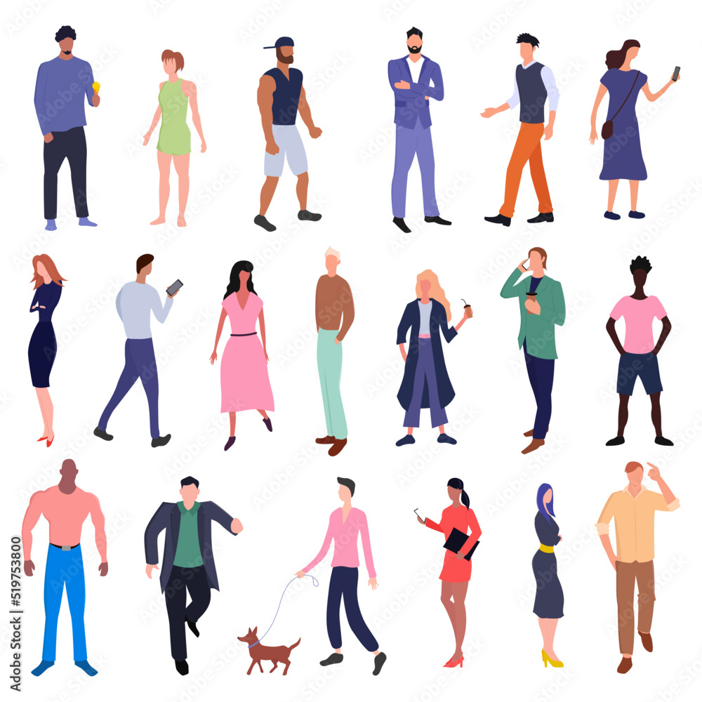 People in various poses. Big set of diverse modern man and woman. Flat vector illustration isolated on a white background.