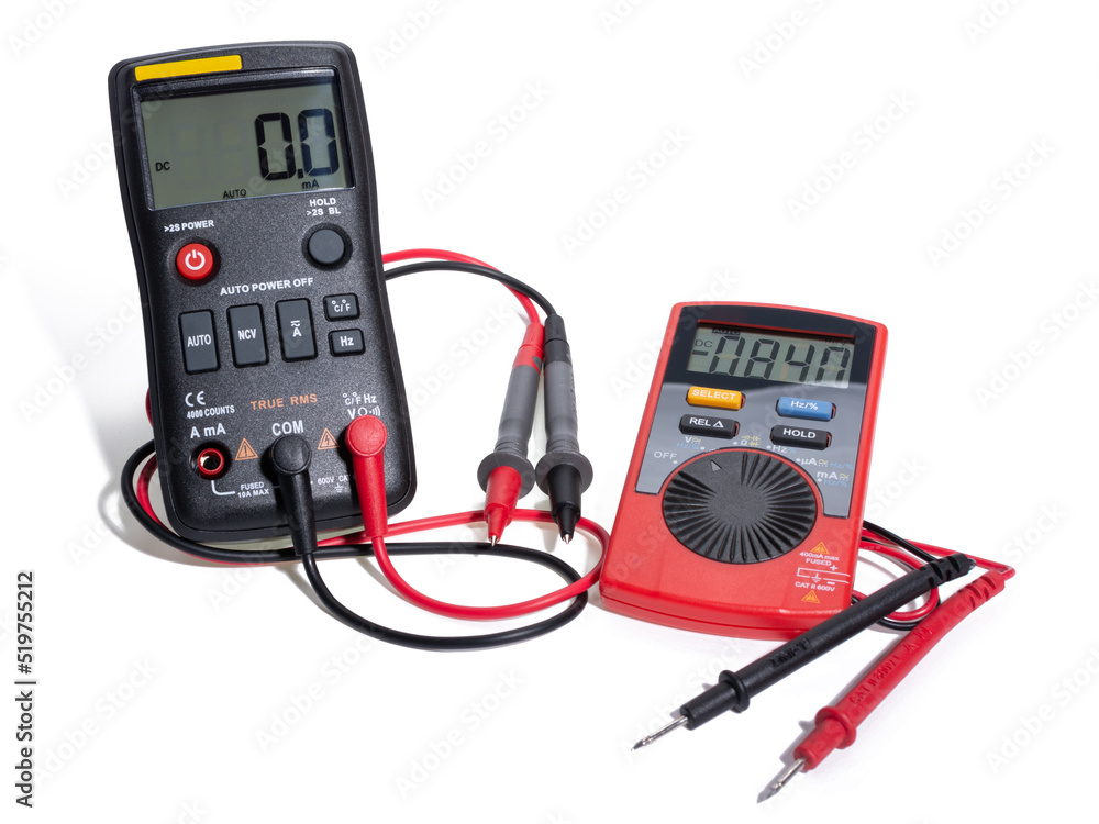 Two digital multimeters for electronics with probes. Black and red color. Whith red and black wires. Isolated on white background.