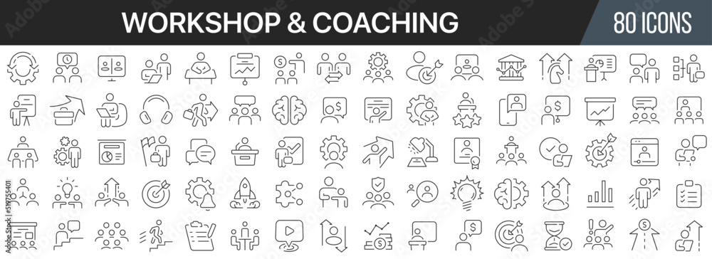 Workshop and coaching line icons collection. Big UI icon set in a flat design. Thin outline icons pack. Vector illustration EPS10 Workshop and coaching line icons collection. Big UI icon set in a flat design. Thin outline icons pack. Vector illustration EPS10