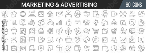 Marketing and advertising line icons collection. Big UI icon set in a flat design. Thin outline icons pack. Vector illustration EPS10