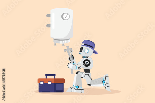 Business flat cartoon style drawing robot plumber installing water heater or boiler. Home repair, maintenance plumbing services. Robotic artificial intelligence. Graphic design vector illustration