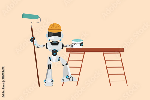Business flat drawing robot repairman painter standing with painting roller brush, bucket, ladder. Room painter. Humanoid cybernetic organism. Robotic development. Cartoon design vector illustration