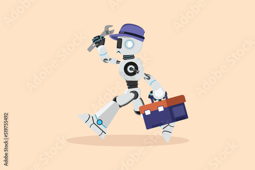 Business flat drawing robot mechanic repairman with tools is running. Technical service. Plumber with wrench toolbox run forward. Humanoid robot cybernetic organism. Cartoon design vector illustration