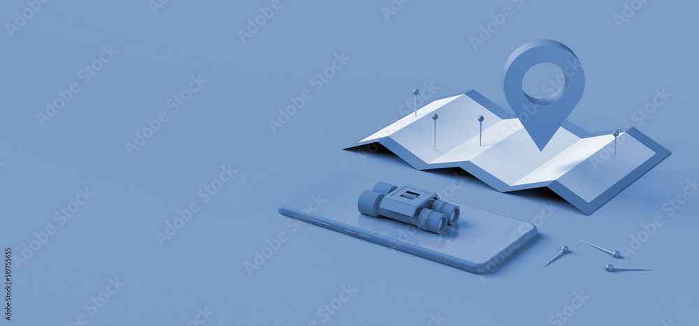 Locator mark, map with pins, binoculars and smartphone. Online travel concept. 3D illustration. Copy space. Locator mark, map with pins, binoculars and smartphone. Online travel concept. 3D illustration. Copy space.