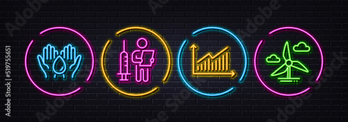 Vaccination announcement, Safe water and Graph minimal line icons. Neon laser 3d lights. Windmill turbine icons. For web, application, printing. Vector
