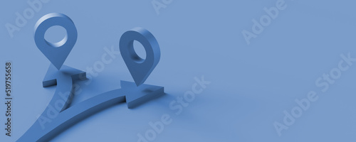 Location concept with locator mark and two bifurcated arrows. 3D illustration. Copy space.