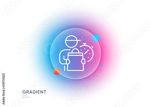 Delivery man line icon. Gradient blur button with glassmorphism. Express courier sign. Order delivery symbol. Transparent glass design. Delivery man line icon. Vector