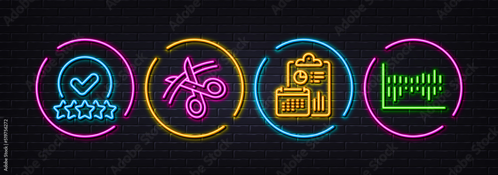 Report, Rating stars and Scissors minimal line icons. Neon laser 3d lights. Column diagram icons. For web, application, printing. Accounting, Verified rank, Cutting ribbon. Sale statistics. Vector Report, Rating stars and Scissors minimal line icons. Neon laser 3d lights. Column diagram icons. For web, application, printing. Accounting, Verified rank, Cutting ribbon. Sale statistics. Vector