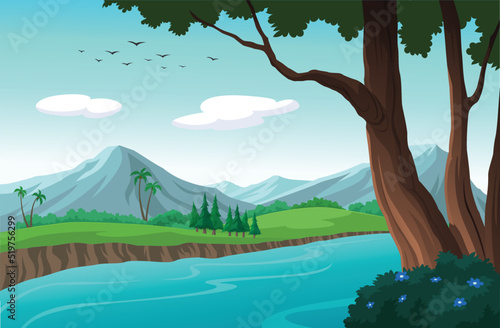 The nature trail has both trees and mountains along the lake.