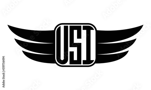 USI three Letter wing minimalist creative concept icon eagle symbol professional black and white logo design, Vector template