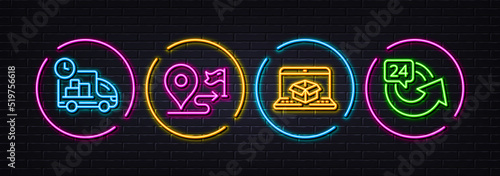 Delivery, Journey and Online delivery minimal line icons. Neon laser 3d lights. 24 hours icons. For web, application, printing. Fast service, Trip distance, Parcel tracking website. Repeat. Vector