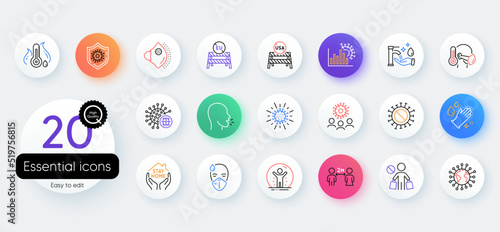 Coronavirus line icons. Bicolor outline web elements. Medical protective mask, washing hands hygiene, eu shut borders. Stay home, safe distance, coronavirus epidemic mask icons. Vector
