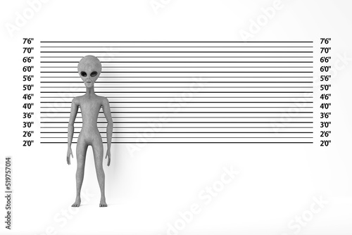 Scary Gray Humanoid Alien Cartoon Character Person Mascot  in front of Police Lineup or Mugshot Background. 3d Rendering photo