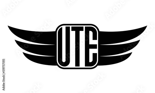 UTE three Letter wing minimalist creative concept icon eagle symbol professional black and white logo design, Vector template