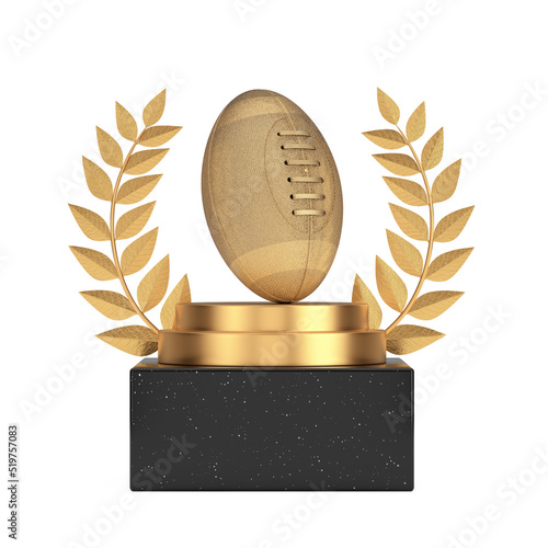 Winner Award Cube Gold Laurel Wreath Podium, Stage or Pedestal with Golden Classic Old Leather Rugby Ball. 3d Rendering photo