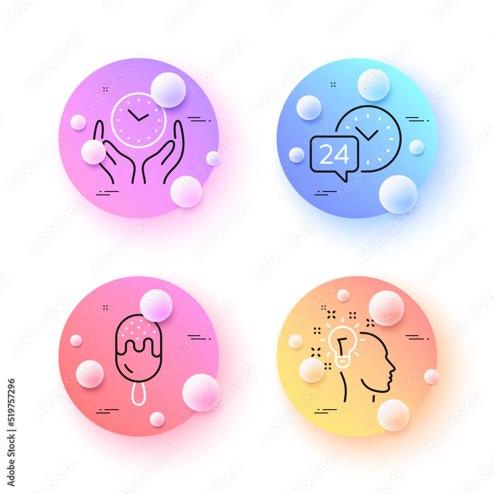 Safe time, Idea and 24h service minimal line icons. 3d spheres or balls buttons. Ice cream icons. For web, application, printing. Hold clock, Creative designer, Call support. Sundae stick. Vector Safe time, Idea and 24h service minimal line icons. 3d spheres or balls buttons. Ice cream icons. For web, application, printing. Hold clock, Creative designer, Call support. Sundae stick. Vector
