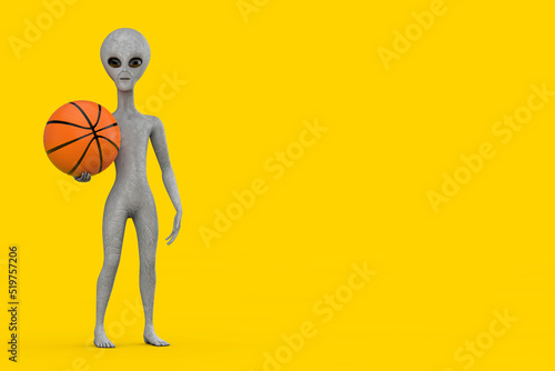 Scary Gray Humanoid Alien Cartoon Character Person Mascot with Basketball Ball. 3d Rendering
