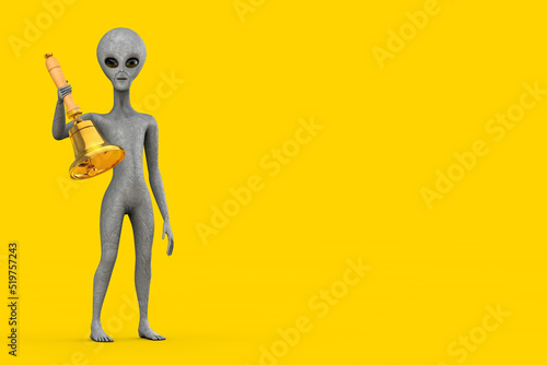 Scary Gray Humanoid Alien Cartoon Character Person Mascot with Vintage Golden School Bell. 3d Rendering photo