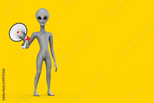 Scary Gray Humanoid Alien Cartoon Character Person Mascot with Red Retro Megaphone. 3d Rendering