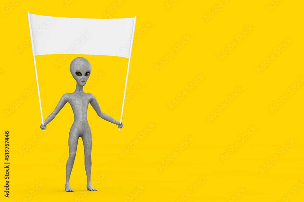 Scary Gray Humanoid Alien Cartoon Character Person Mascot and Empty White Blank Banner with Free Space for Your Design. 3d Rendering Scary Gray Humanoid Alien Cartoon Character Person Mascot and Empty White Blank Banner with Free Space for Your Design. 3d Rendering