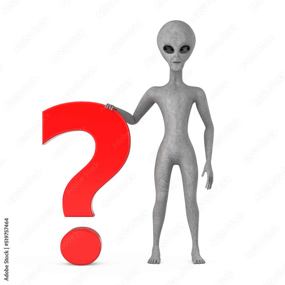 Scary Gray Humanoid Alien Cartoon Character Person Mascot with Red Question Mark Sign. 3d Rendering Scary Gray Humanoid Alien Cartoon Character Person Mascot with Red Question Mark Sign. 3d Rendering