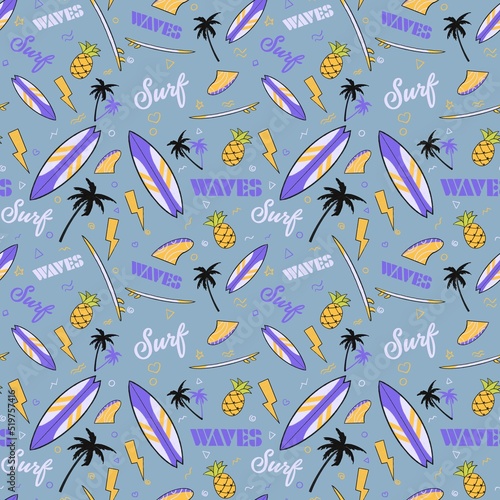 Seamless pattern background. Surfboards  pineapple  palm trees  waves and slogan texts.