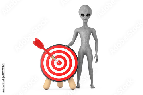 Фотография Scary Gray Humanoid Alien Cartoon Character Person Mascot with Archery Target and Dart in Center