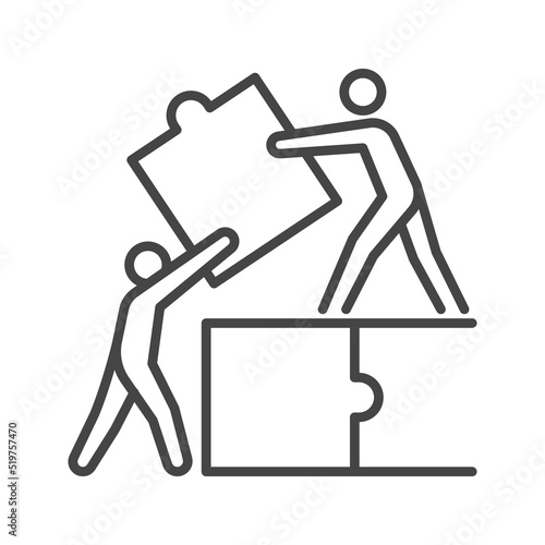 Linear icon of teammates assembling puzzle pieces.
