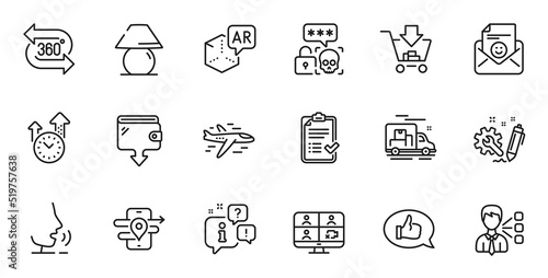 Outline set of Table lamp, Third party and Video conference line icons for web application. Talk, information, delivery truck outline icon. Vector © blankstock