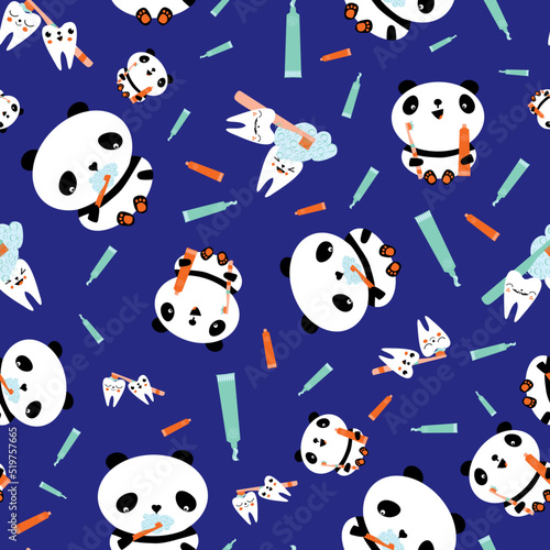 Kawaii panda kids dental health care vector educational seamless pattern background. Cute cartoon bears with toothbrush, tooth paste, brushing teeth. Teddy bears and teeth in gender neutral colors.