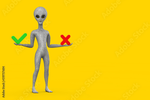 Scary Gray Humanoid Alien Cartoon Character Person Mascot with Red Cross and Green Check Mark, Confirm or Deny, Yes or No Icon Sign. 3d Rendering
