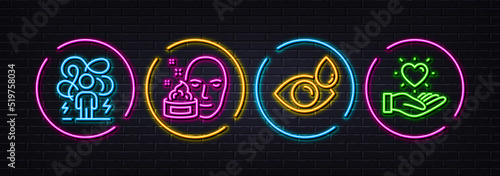 Eye drops, Face cream and Difficult stress minimal line icons. Neon laser 3d lights. Hold heart icons. For web, application, printing. Check vision, Gel, Mind anxiety. Love brand. Vector