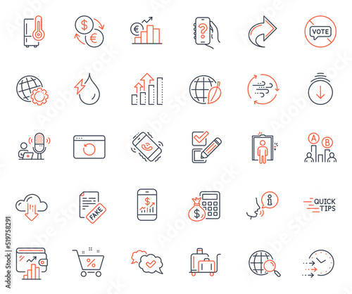 Technology icons set. Included icon as Finance calculator, Analysis graph and Cloud download web elements. Share, Checkbox, Globe icons. Loan percent, Ab testing, Euro rate web signs. Vector